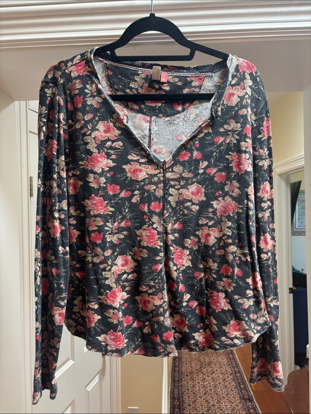 Women's Floral Long-Sleeve Top - Black with Pink Flowers